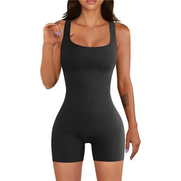 Women Yoga Romper Workout Square Neck One Piece Seamless Tank Top Jumpsuit - Picture 1 of 6